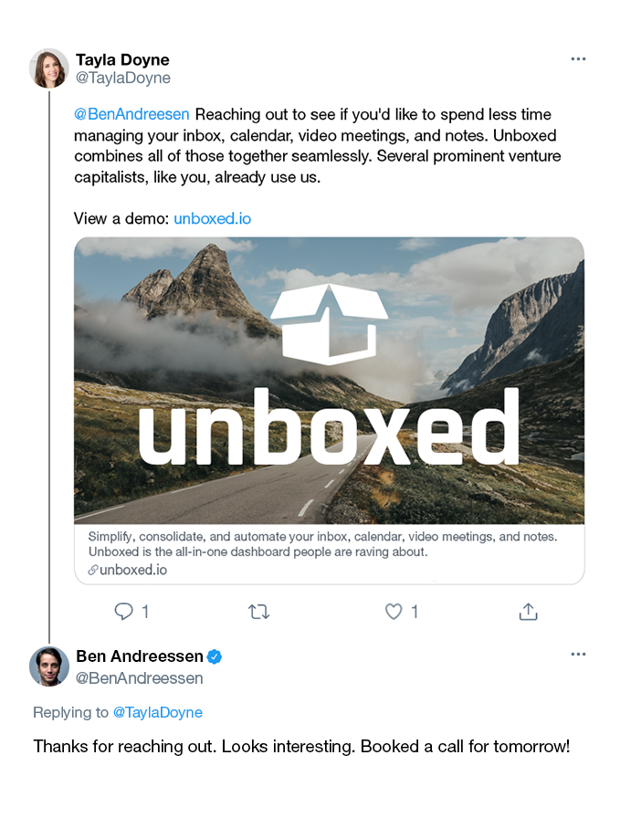 Example of tweet sent for a customer and a response